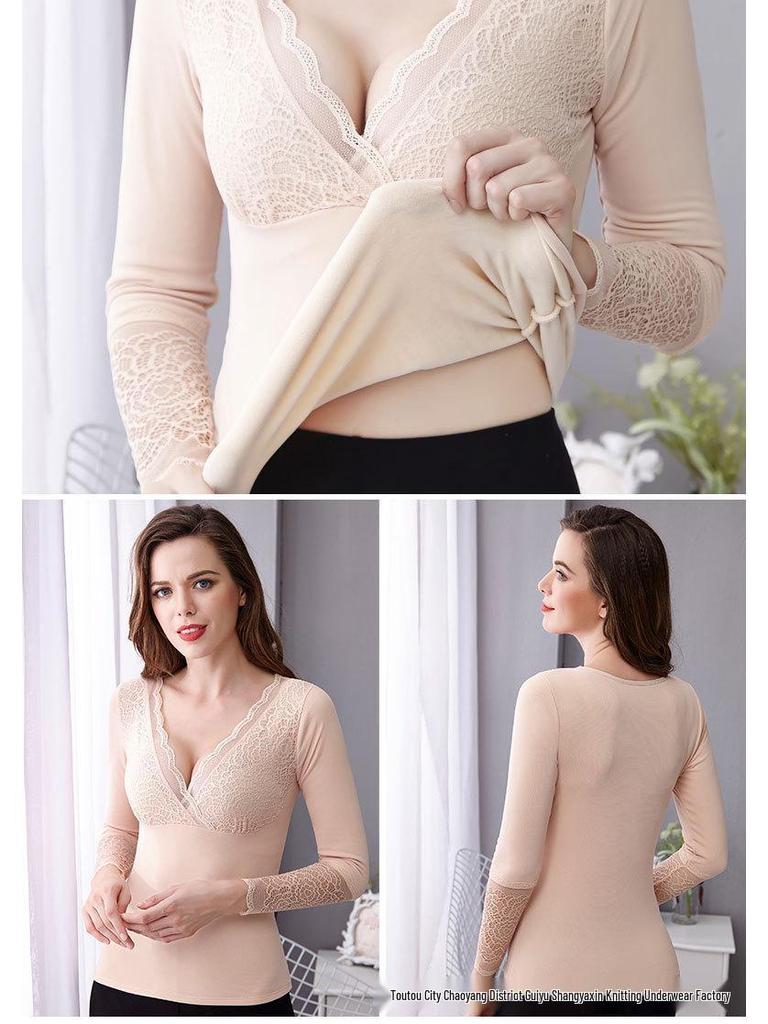 Dámský termální krajkový top s V-výstřihem, úzkého střihu, v korejském stylu, s fleecovou podšívkou