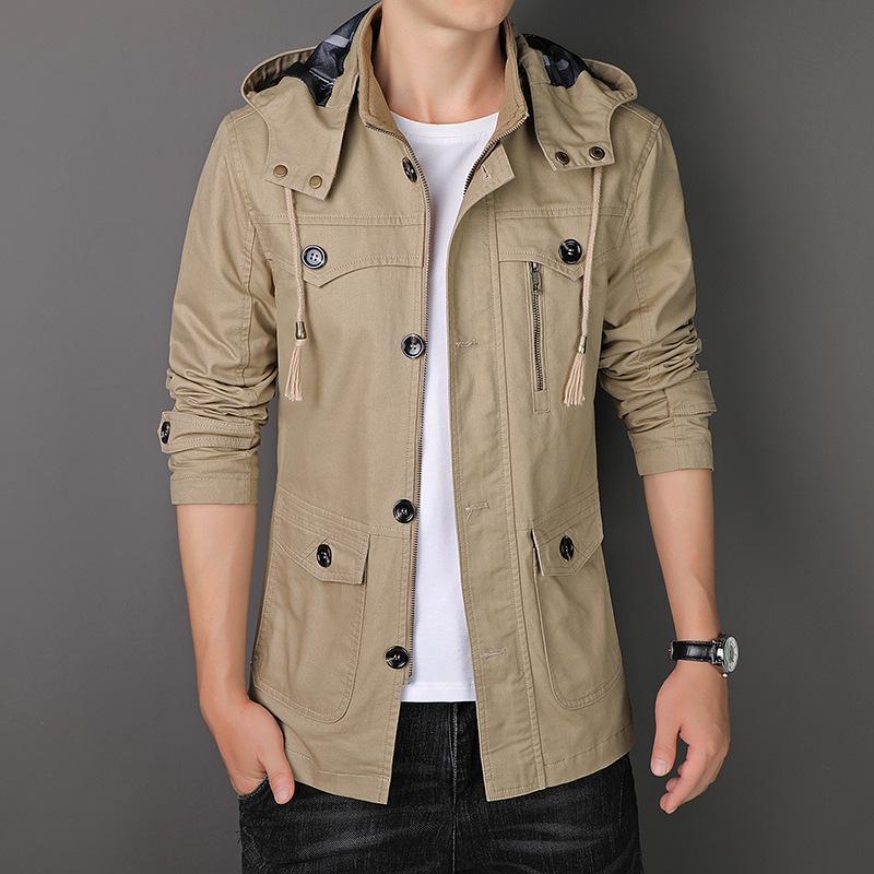 Men's Autumn and Winter Men's Jacket Hooded Business Trench Coat Casual Medium and Long Coat Pure Cotton Trench Coat Men