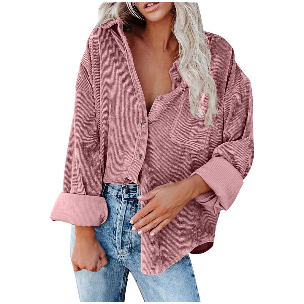 Womens Casual V Neck Long Sleeve Button Corduroy95%polye Casual Blouse Coat Tops