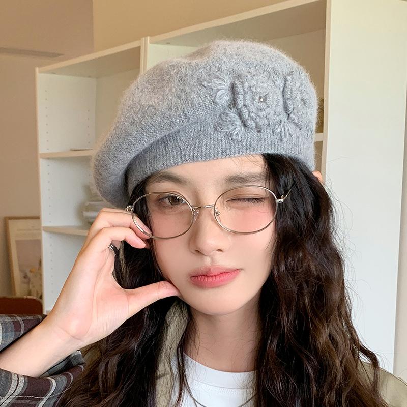 Autumn and Winter Hat Femininity Sweet Headhat Flower Rabbit Velvet Knitted Beret,Winter Hats for Women, Beanies for Women, Hats for Women Winter