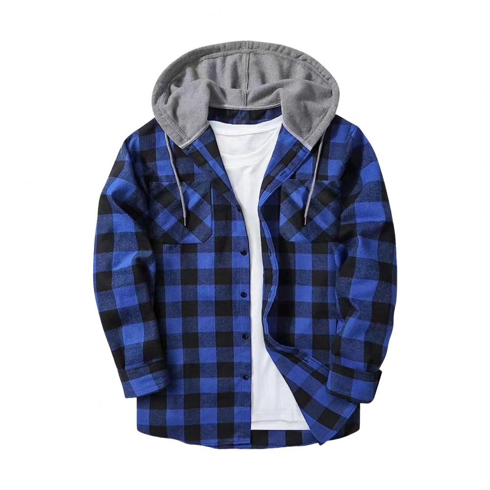Fall Spring Men Shirt Hooded Drawstring Long Sleeves Color Matching Plaid Print Single-breasted Daily Wear School Home Shirt Coa