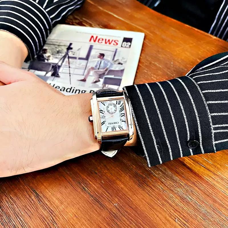 CHENXI 8216 Men's Quartz Watch Square Roman Numeral Dial Calendar Genuine Leather Band Waterproof Business Casual Wristwatch
