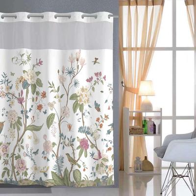 No Hook  Flower Pattern Shower Curtain With Snap-in Fabric Liner, Sheer Top Window, Waterproof Double Layer Bathtub Curtain