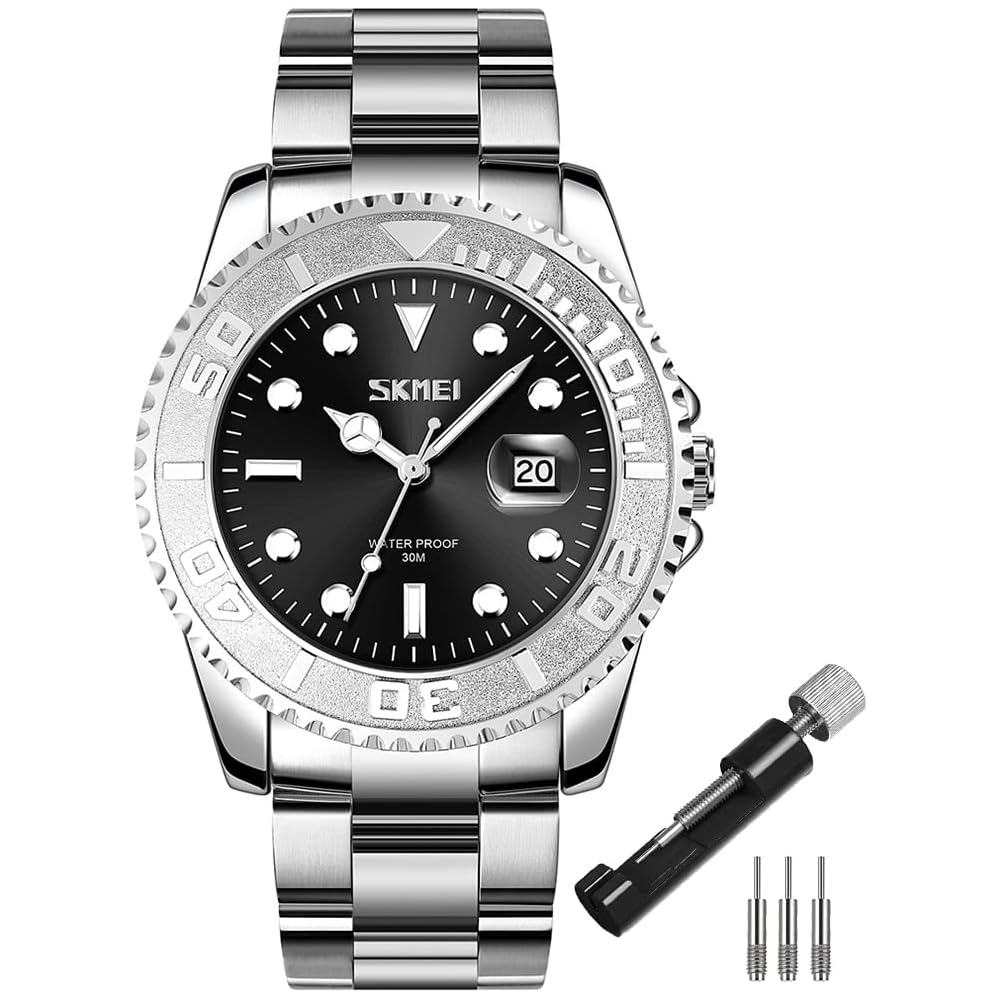 Men s Stylish Silver Waterproof Quartz Analog Watch Stainless Steel Business Casual