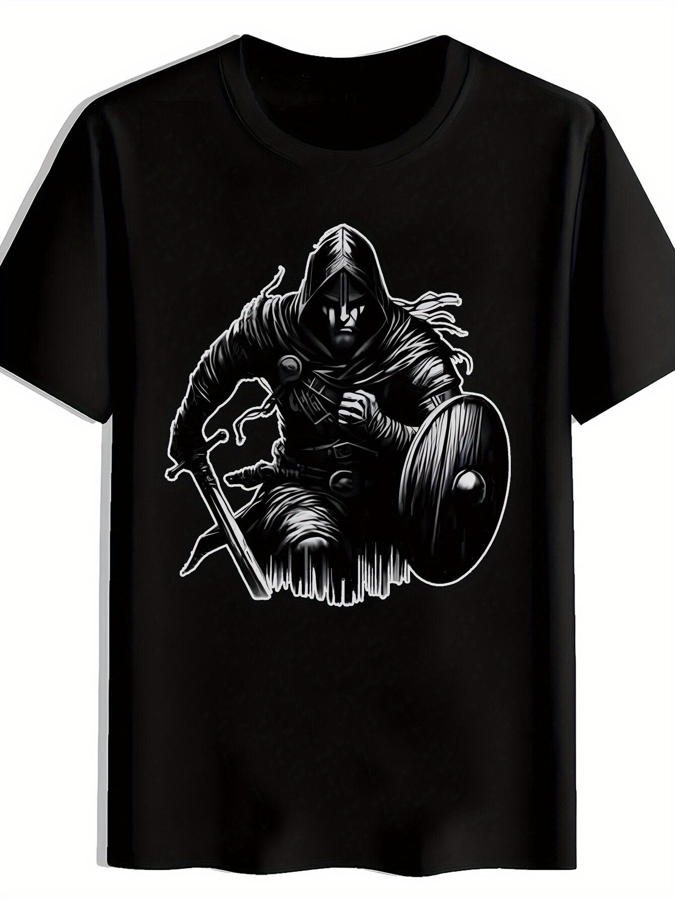 Black Hooded Warrior Graphic T-shirt - Bold White Print L