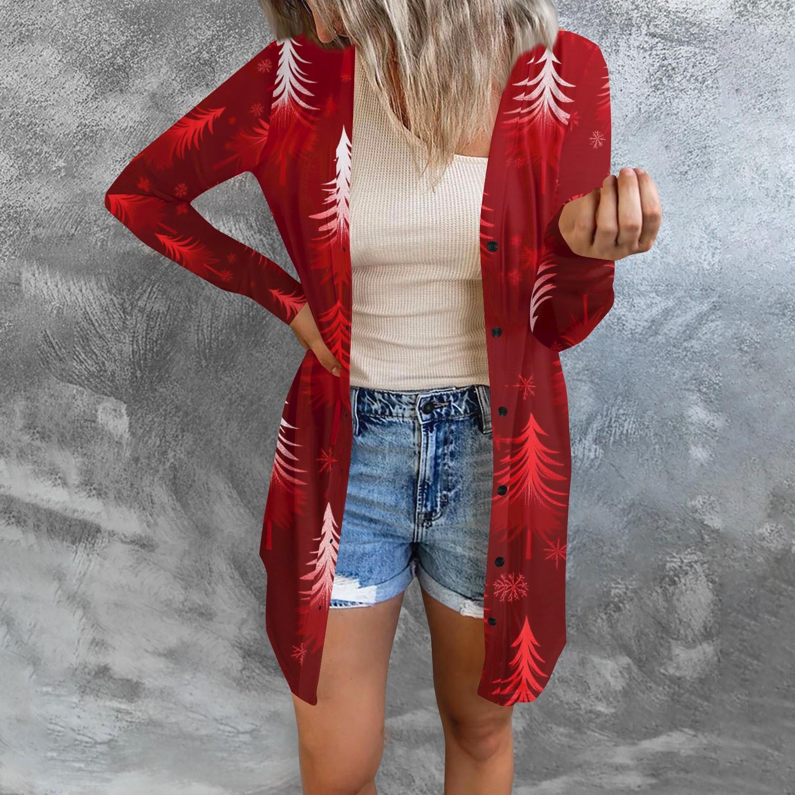 

Длинный рукав Женский ретро принтованный топ Легкий базовый свободный жакет Кардиган Повседневные рубашки Рождество XXXXL винный