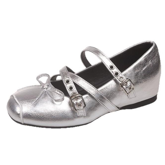 French Mary Jane casual bow women's 2025 summer single shoes new silver buckle inner height-increasing ballet shoes