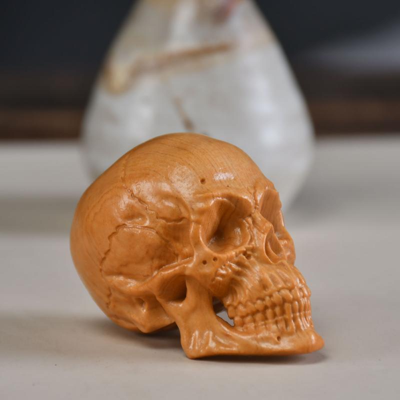 Natural Cypress Engrave Skull Decor Small Statue - Halloween Decoration Party Decoration Props Home Room, Car Bar Decoration