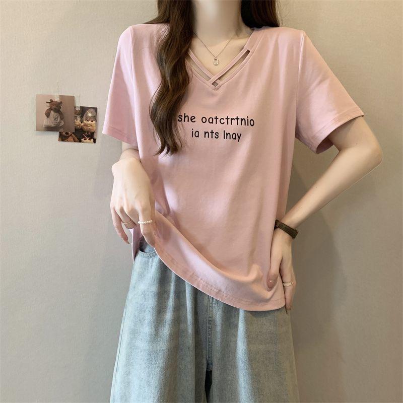 Women Double Strap V Neck Letter Print Short Sleeve Casual Cotton T-Shirt s