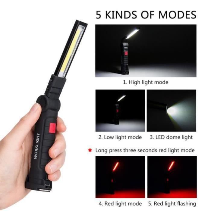 Lampe de Poche - LAMPE ELECTRIQUE - BALADEUSE - 5 Modes - Rechargeable USB - Noir
