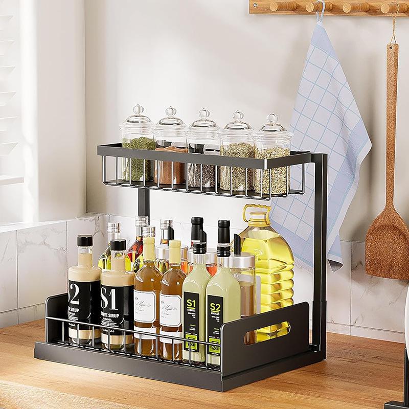 Double-Layer Pull-Out Spice & Storage Rack for Kitchen and Bathroom