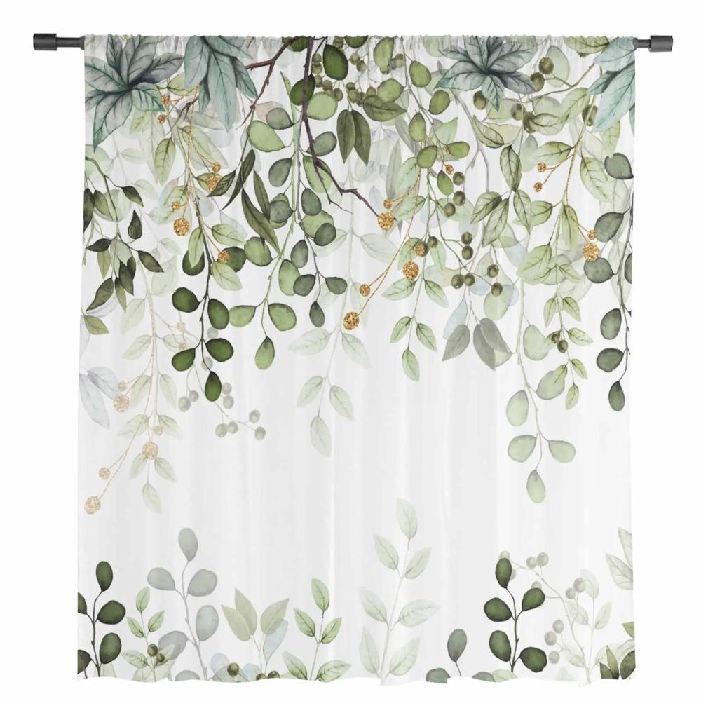 Abstract Sage Green Leaves Branches Sheer Curtains for Living Room Decoration Window Curtain Kitchen Tulle Voile Organza Drapes