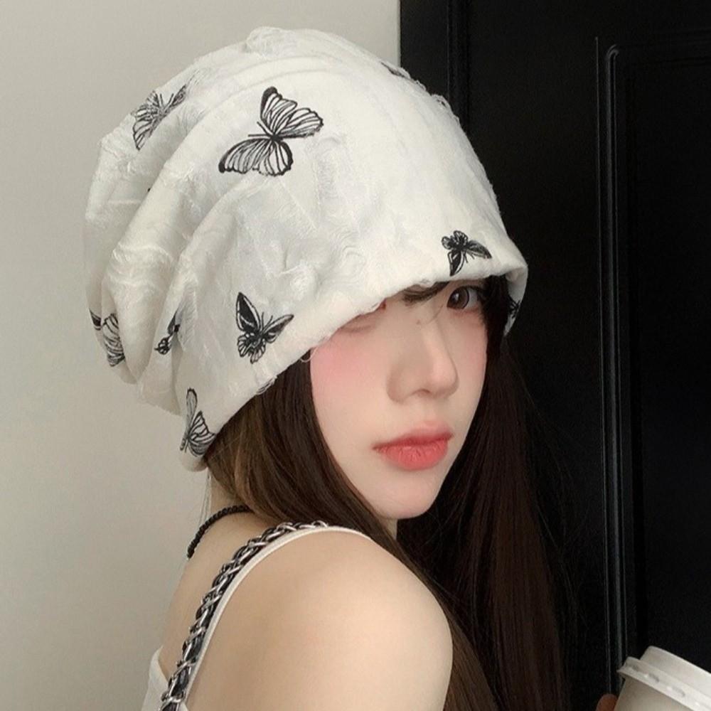Holes Butterfly Print Beanies Coldproof Plush Pullover Hat Fashion Fleece Beanies  Autumn