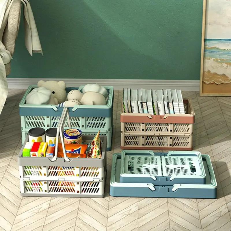 Heavy Duty Folding Storage Basket Portable Picnic Camping Box with Handle Large Plastic Container for Supermarket Shopping