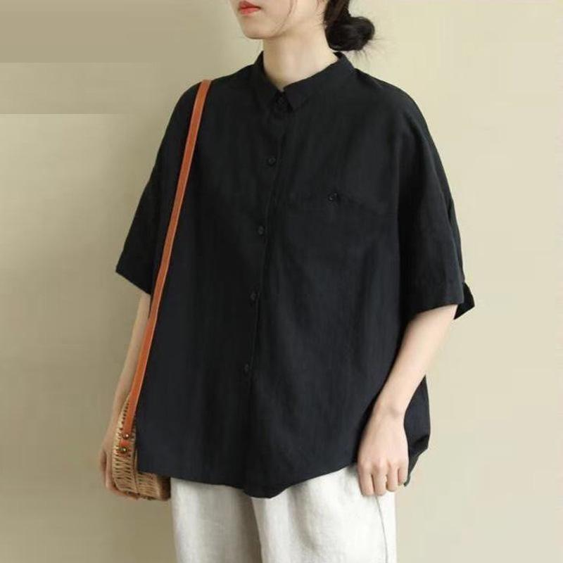 

Футболки из хлопка и льна, рубашка с коротким рукавом, женская летняя ретро-артистическая блузка-кардиган из рами XXXL чёрный