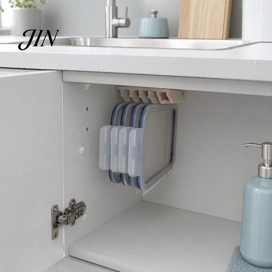 Crisper Seal Lid Holder Storage Rack, with 5-Slot Partition, Adhesive Wall Mount Anti-Mold Fresh-keeping Box Rack Hanger, Space Saving Organizer