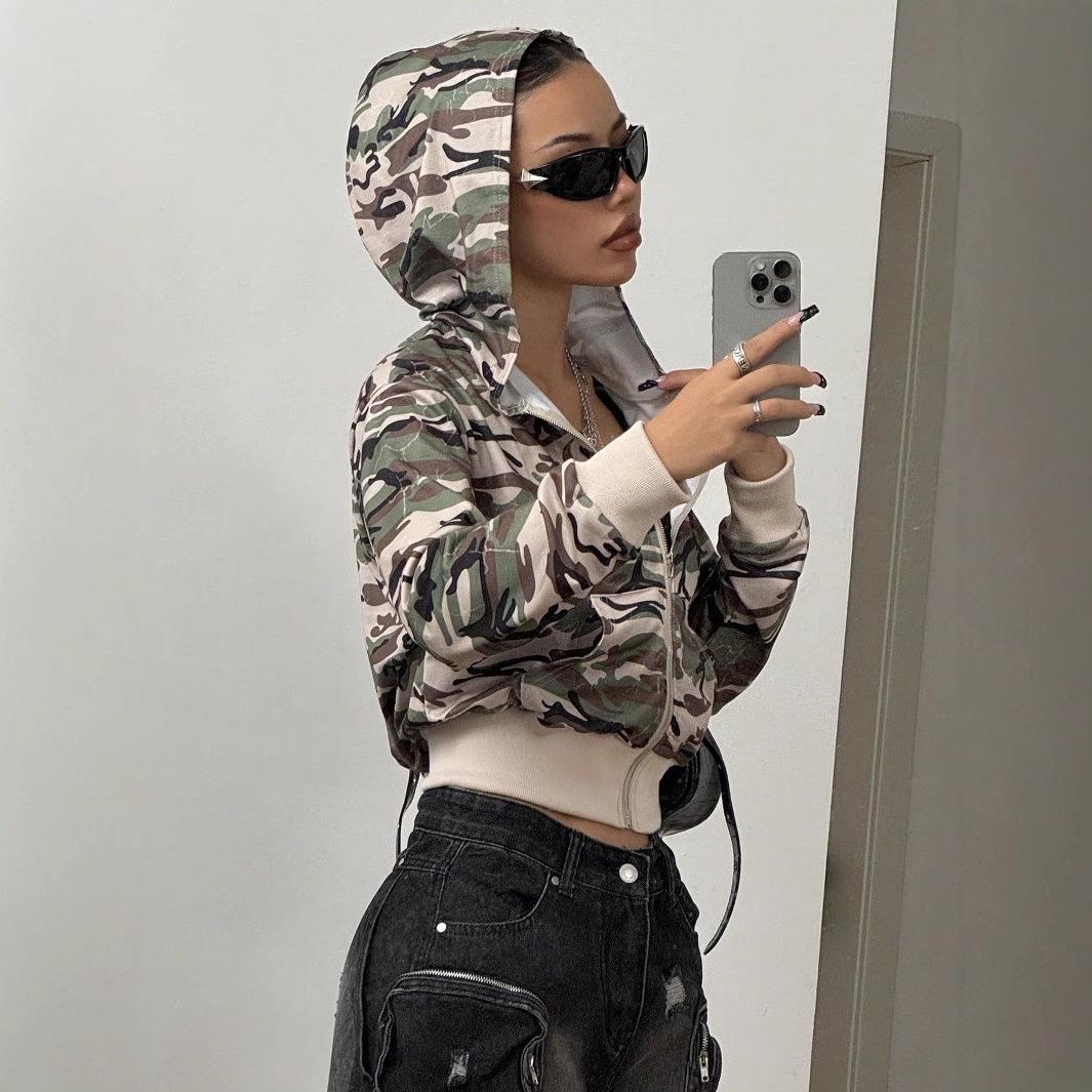 

Women s Slim Fit Zip-Up Camouflage Cardigan Hoodie with Long Sleeves M армія зелений колір