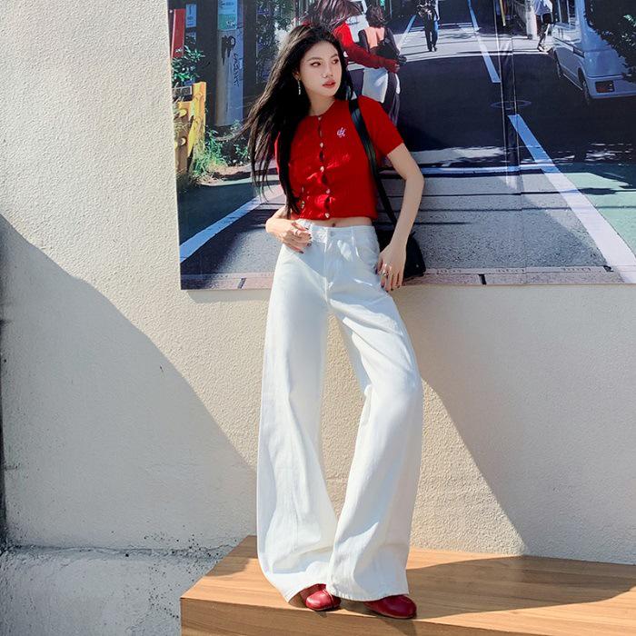 

Versatile Retro High-Waisted Patchwork Wide-Leg Jeans for Women - Three Color Options, Loose Casual Straight Floor-Length Design. Medium