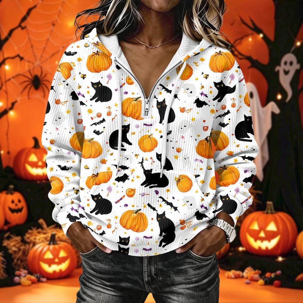 Women's Long Sleeve Halloween Print Hoodie Pullover with Casual Top