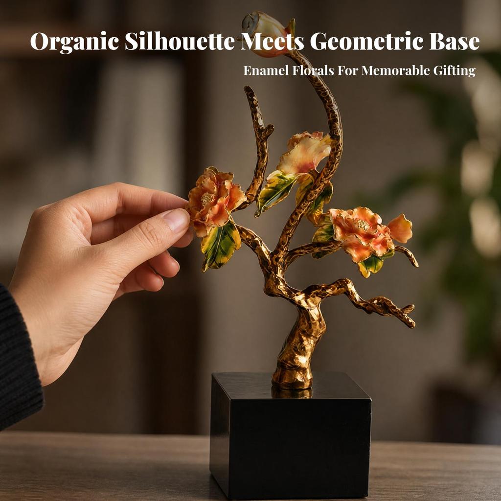 Metal Tree Ornament with Crystal Base Elegant Floral Branch Tabletop Figurine