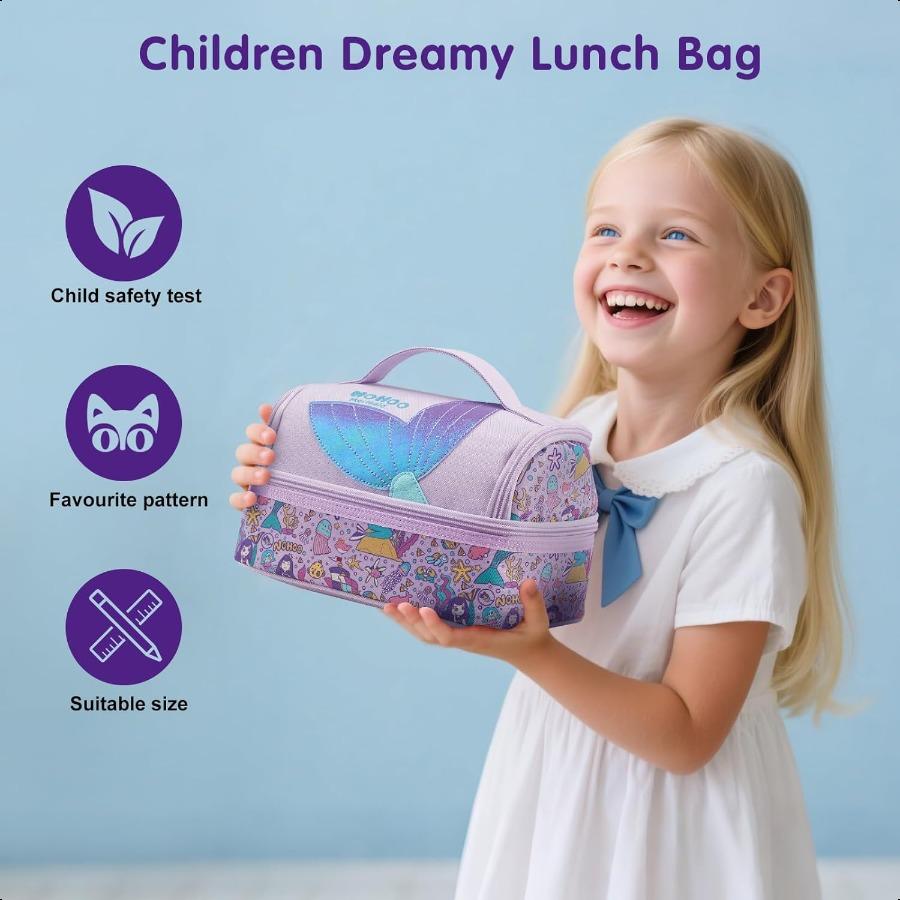 NOHOO Insulated Lunch Bag Small Cute Reusable Purple Mermaid Princ Food Box Bag for Girls Toddler Preppy School Kindergarten Da