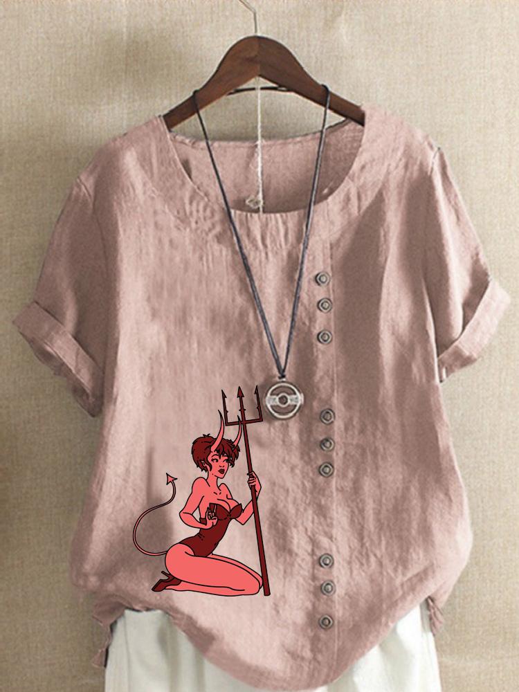 Women s Fashion Girl Print Shot Sleeve T-shirt Loose Cotton Shirt Casual Loose Summer Blouse Tops Plus Size S