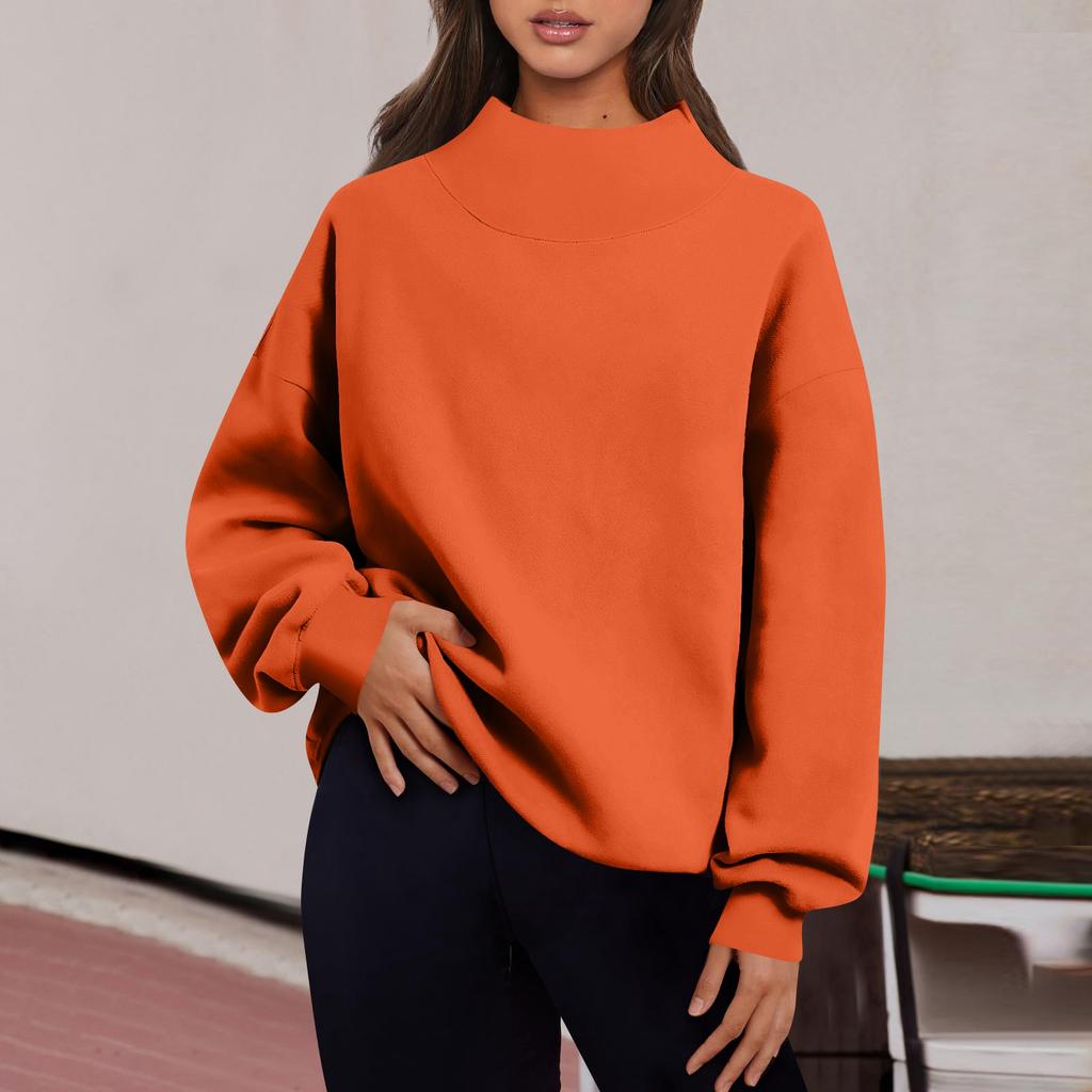 Women's Fashion Solid Color Long Sleeve Loose Slit Half Turtleneck Pullover Sweatshirt Top