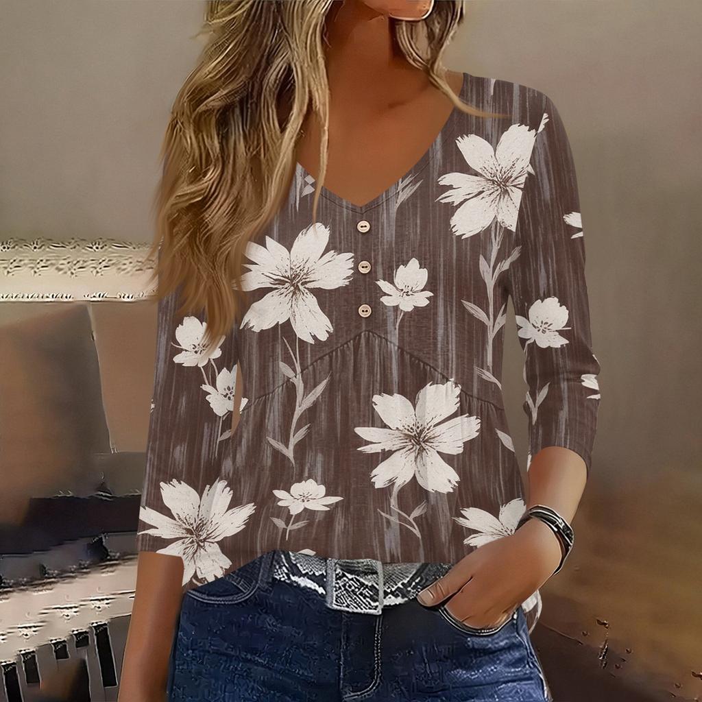 Womens 3/4 Sleeve V Neck Button Detail Floral Print Tunic Top Casual Loose Fit Lightweight Blouse