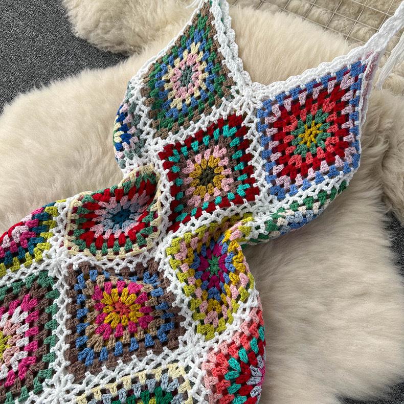 Böhmisches Ethno Häkelkleid mit Quasten und Spaghettiträgern für Damen