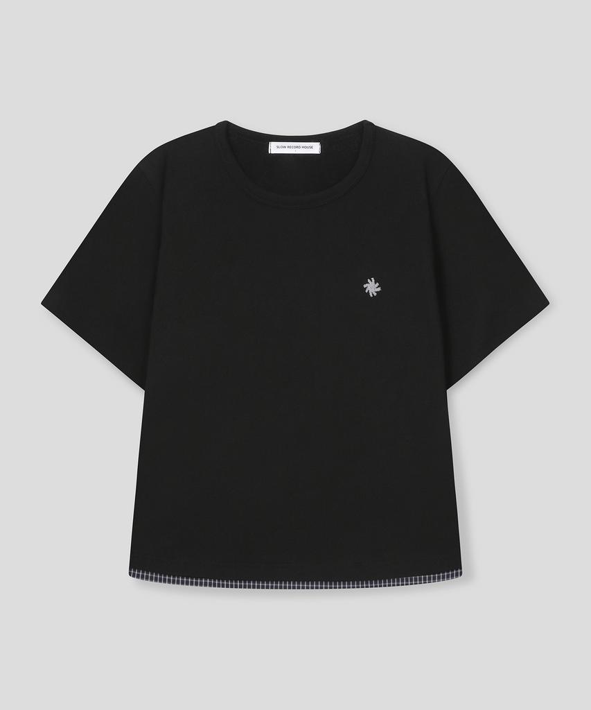 SLOW RECORD HOUSE Layered Check Roll-Up T-Shirt_Black