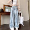Women's Blue Check Wide-Leg Pants: High-Waist, Loose Fit, Summer Casual Design