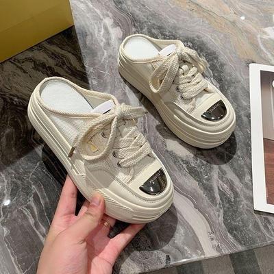 Sommer Neue Plattform Plattform runde Kopf Spitze Farbe Block Hausschuhe (Stoff) Studentinnen Freizeit Sport Zehenkappe Halbschuh
