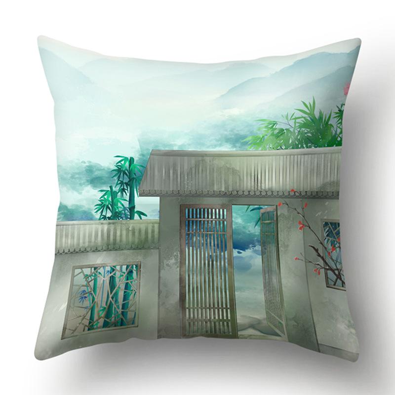 

Polyester Pillow Case Ancient Style Landscape National Style Building Home Soft Furnishing Cushion Cover Pillow core not included