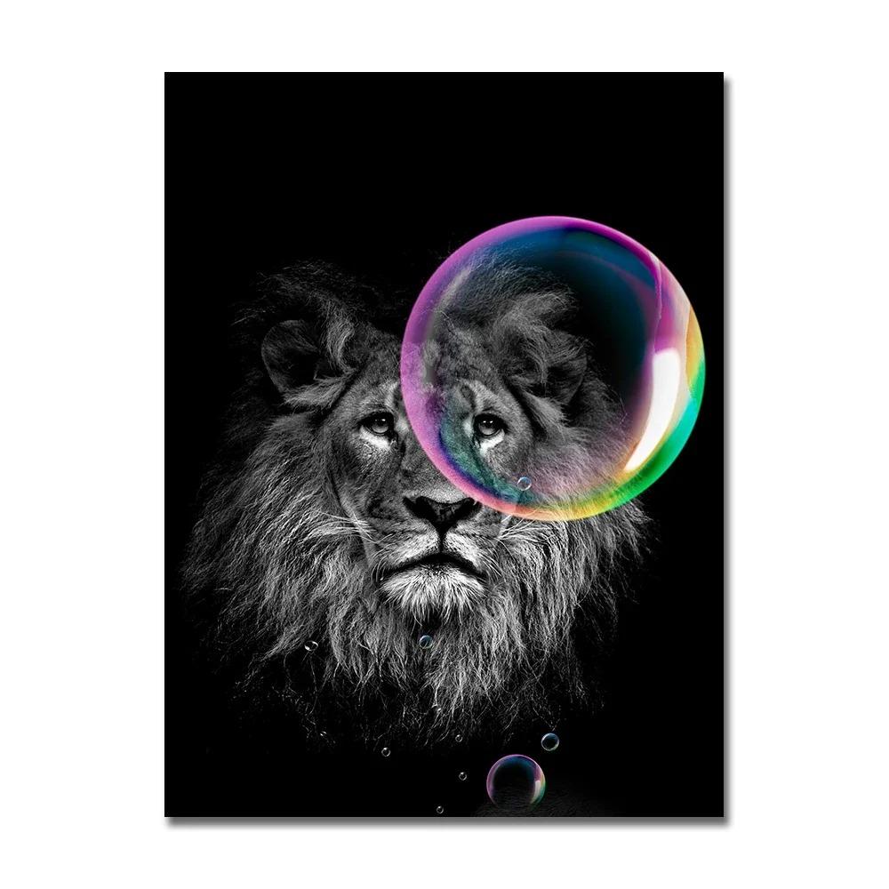 Black Cat with Colorful Bubbles Poster Cute Animal Giraffe Elephant Lion Posters and Prints Wall Arts Canvas Painting Home Decor