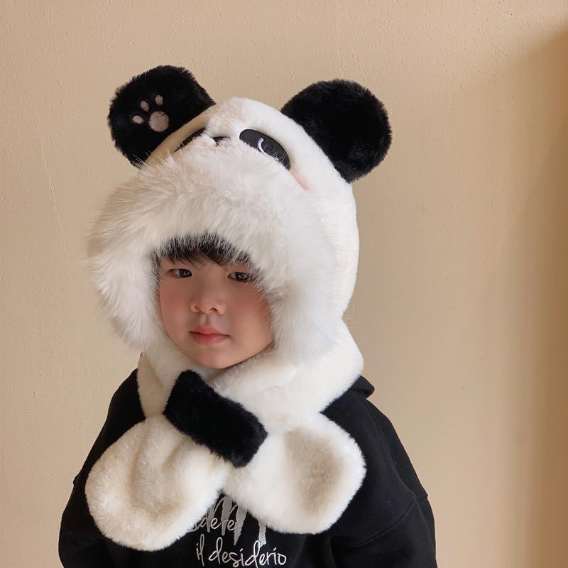 Autumn and Winter Children's Hat and Scarf All in One Thickened and Warm Cartoon Plush Super Cute Panda Plus Velvet Baby Ear Protection Hat