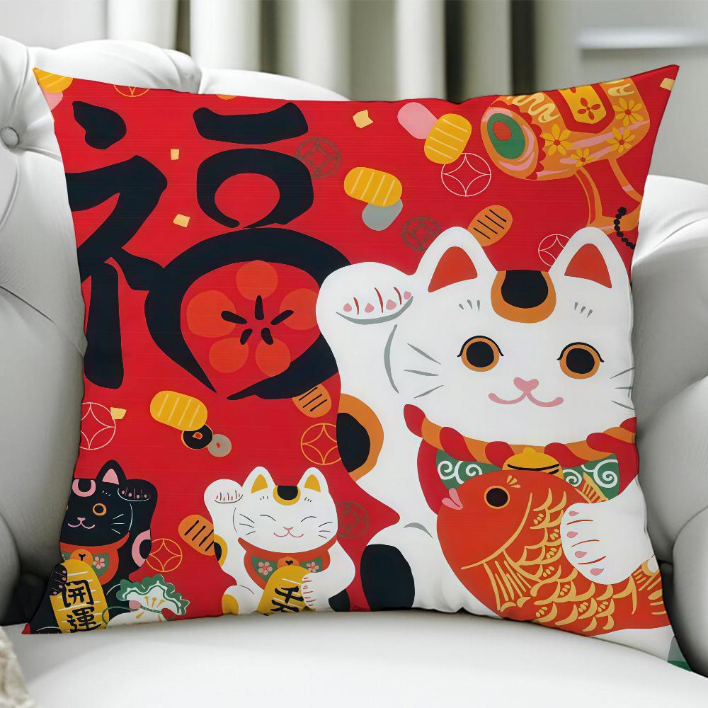 Maneki Neko Rich Luck Money Cat cushion cover Birthday Anniversary Gifts Double Sided Printed Zipper Cushion Cover