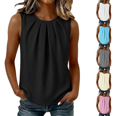 Women Sleeveless Pleated Crew Neck Loose Fit Blouse Solid Basic Casual Top for Daily Office Wear
