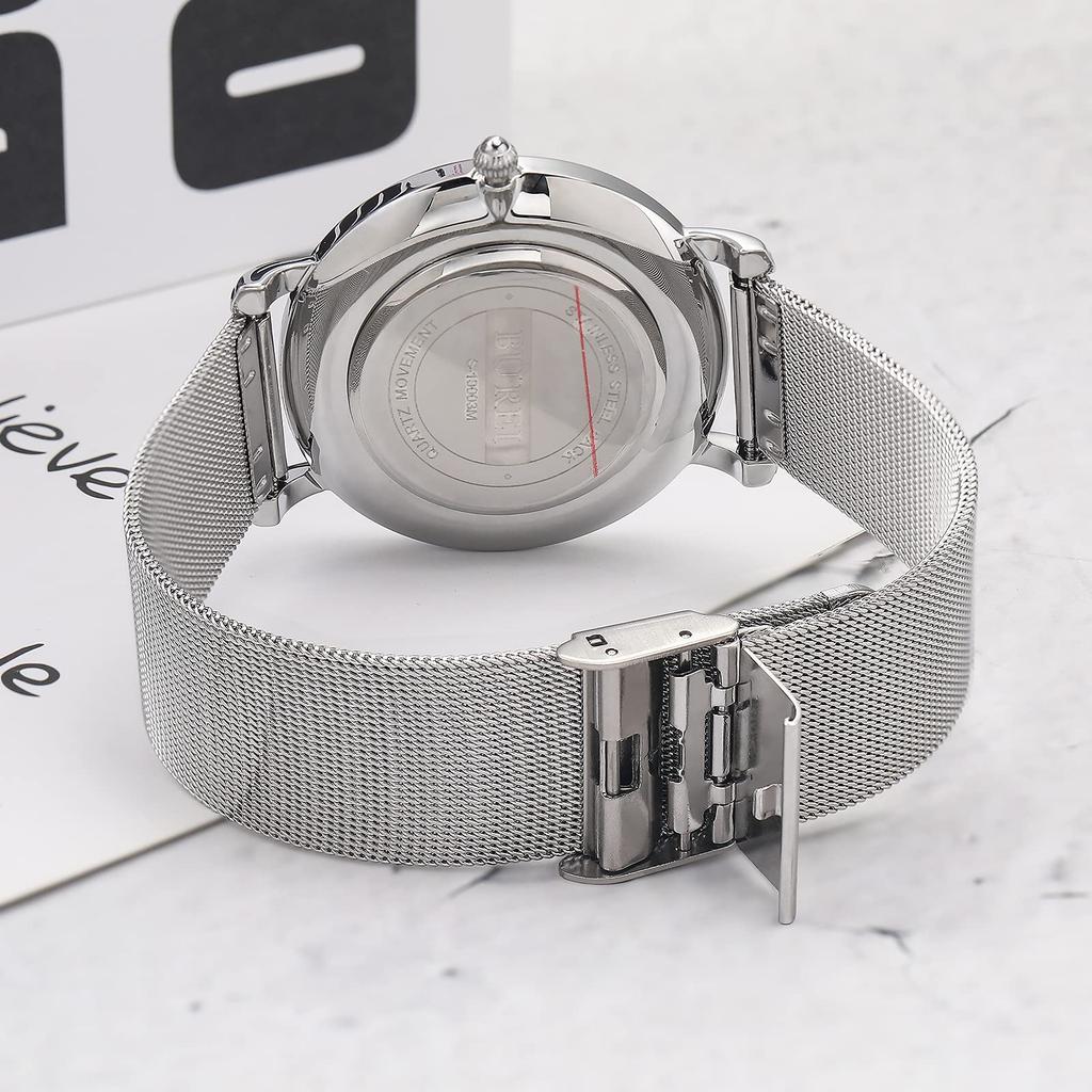 BUREI Men's Analog Quartz Waterproof Date Stylish Simple Milanese Mesh Band Silver Gray Wristwatch