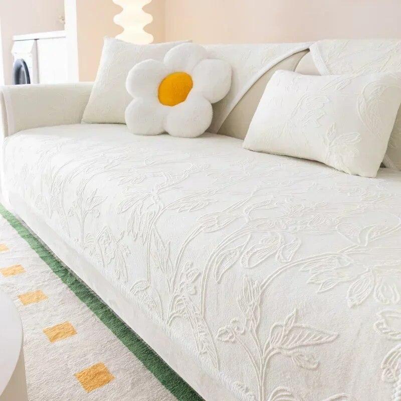 Winter Warm Plush Sofa Cushions Leaves Jacquard Velvet Sofa Covers Non-Slip Universal Sofa Towel Mat for Living Room Couch Decor