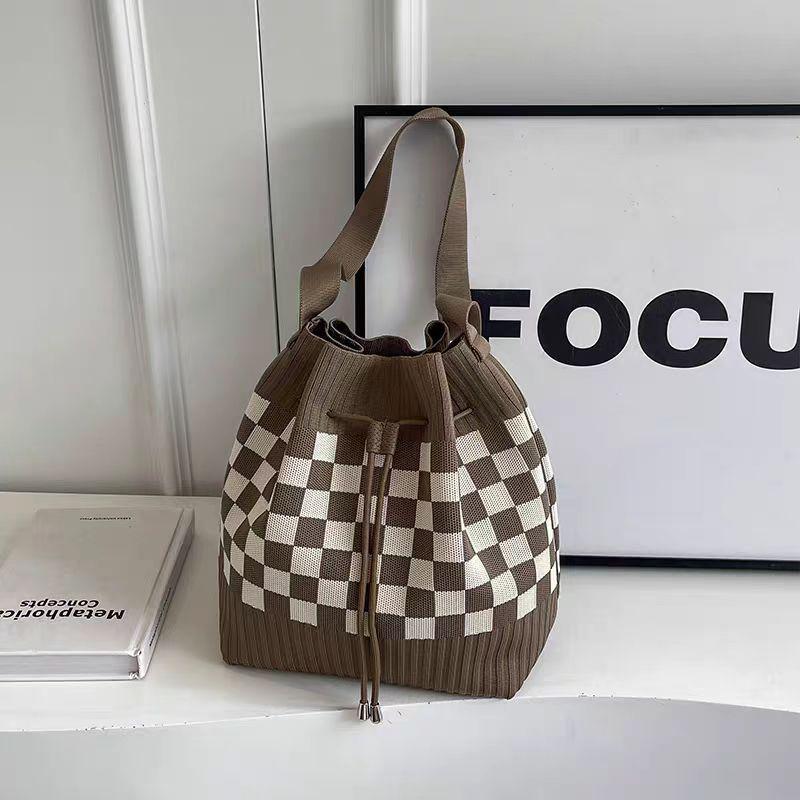 Korean Style Knit Shoulder Bag with Drawstring & Magnetic Snap - Versatile, Large Capacity Tote for Women