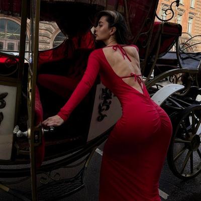 Seksi Kadın Sırtı Açık Bağcıklı Askılı İnce Uzun Çanta Kalça Sokak Stili Elbise