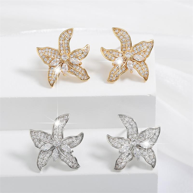 ZAKOL Sliver Color Shiny Tiny Zircon Starfish Lily Flower Shape Stud Earrings Luxury Bridal Wedding Zircon for Women