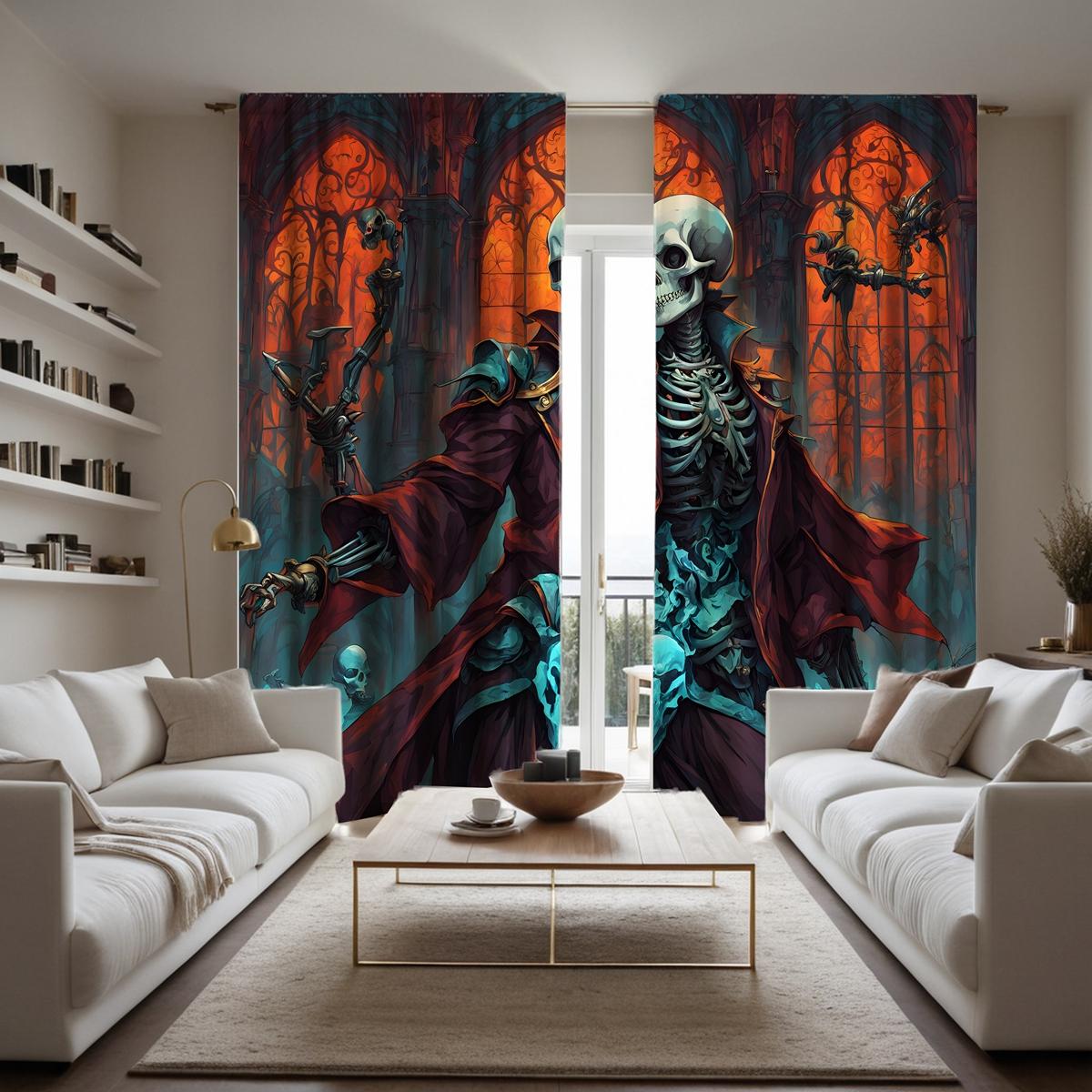 

Комплект из 2 предметов HD Retro Dungeon Skull, декоративная занавеска, синяя занавеска с цифровой печатью, стиль домашнего декора, украшенная гостиная W52H63inchW132H160cm