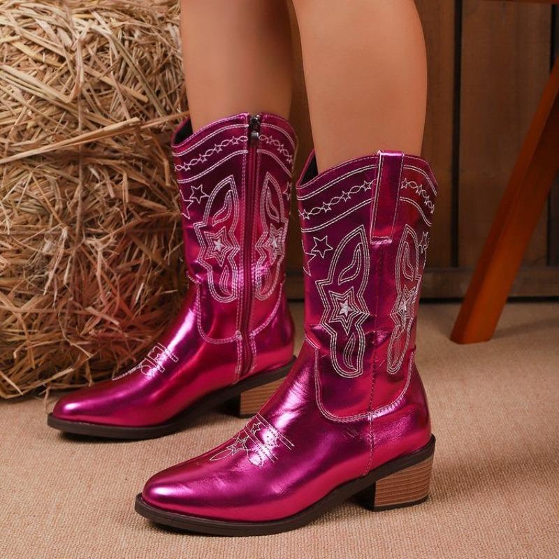 Autumn foreign trade large size retro style thick heel high boots women's cross-border embroidery color matching temperament side zipper knight boots