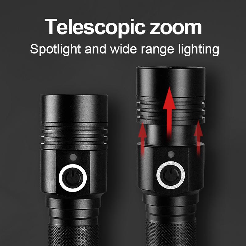 XHP50 Superhelle Taschenlampe Tragbare Lampe Zoom Taschenlampe Wasserdichtes wiederaufladbares Blitzlicht Outdoor Camping Laterne
