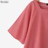 ZANZEA Women Casual Square Collar Half Sleeve Plaid Print Blouse Tops