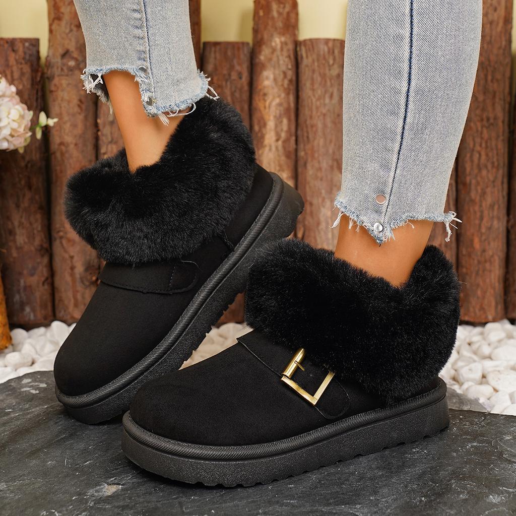 Metal Belt Buckle Fashion Snow Boots Women  Winter Luxury Faux Fur Ankle Boots Warm Short Plush Non Slip  Shoes Woman