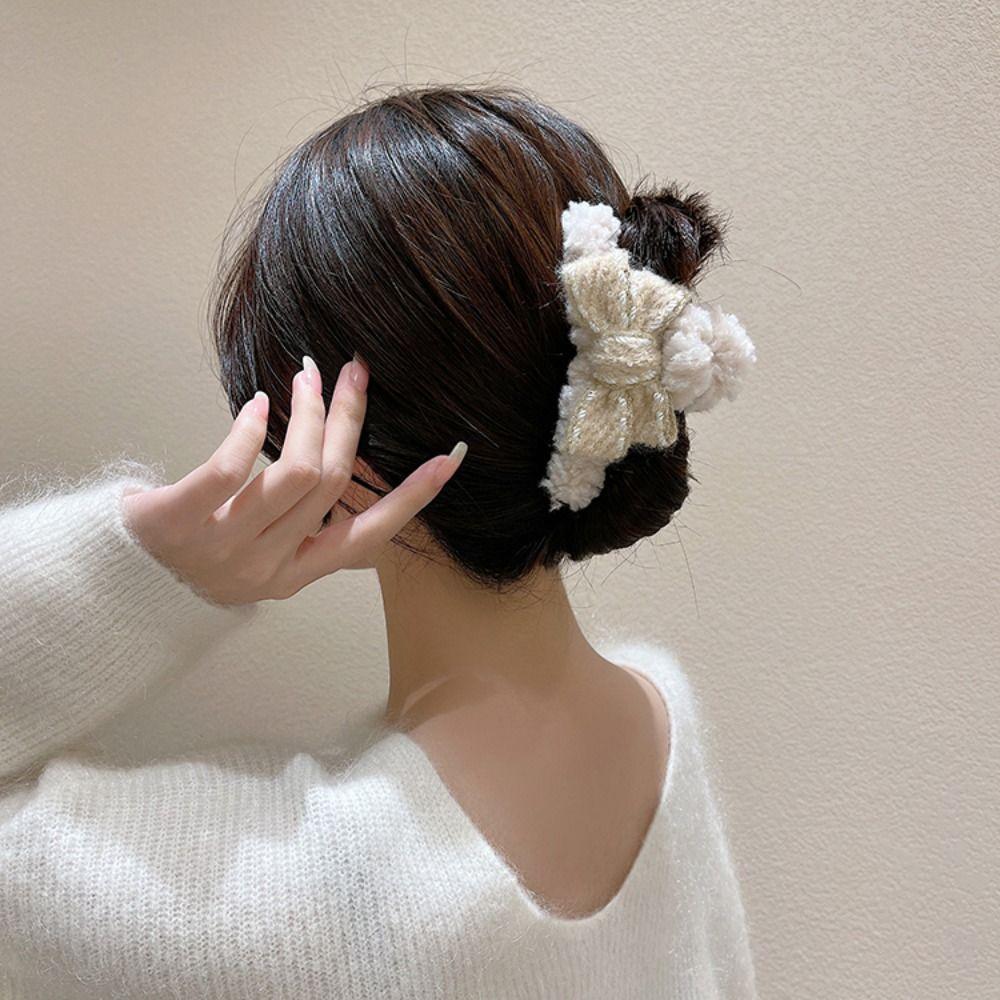 Lamb Wool Bow Hair Clip Barrettes Shark Grab Clip Unique Christmas Plush Hair Claw  Women