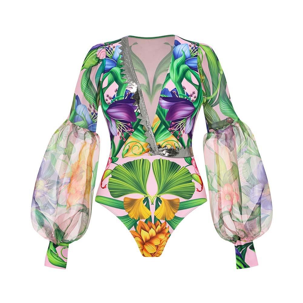 European and American swimwear deep V-neck lantern long-sleeved seaside vacation printed one-piece swimsuit suit women S