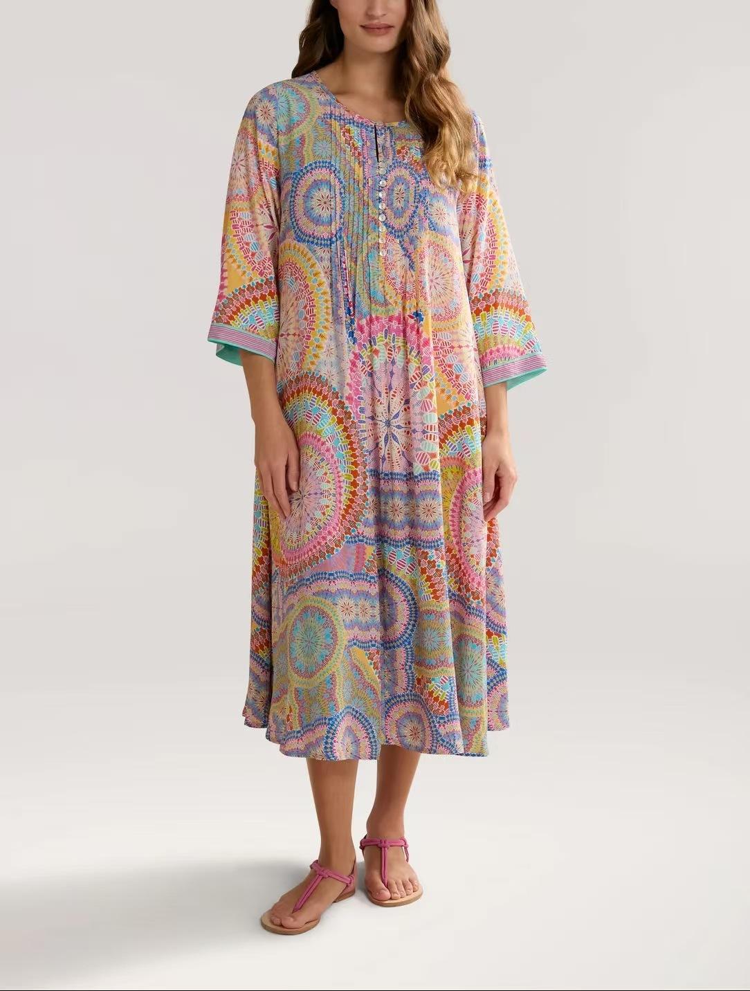 Summer new European and American women s clothing loose fashion high-end crew neck printed dress S